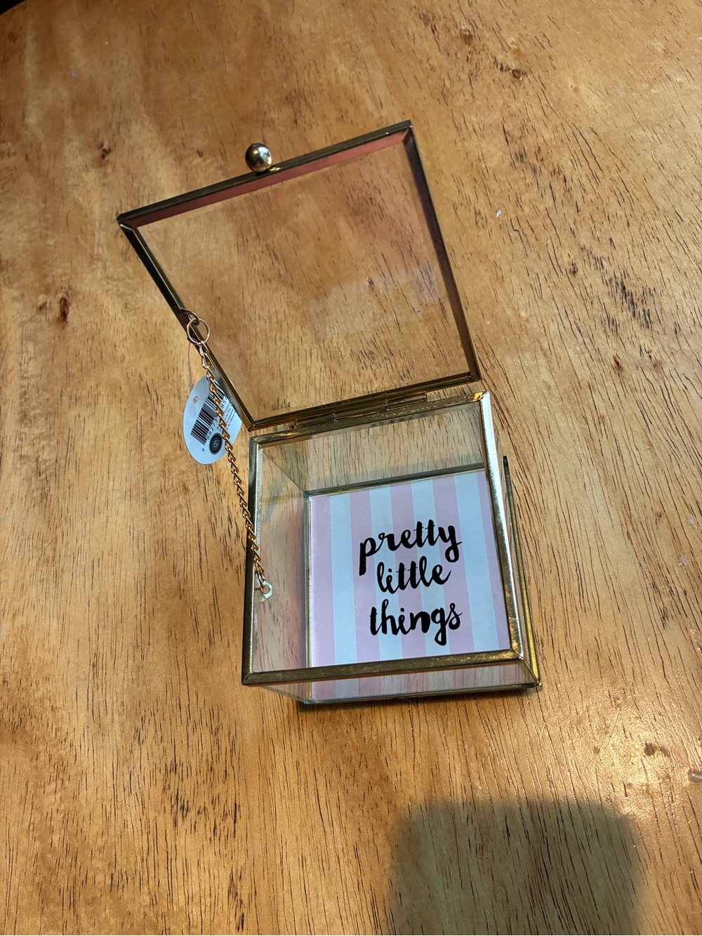 Glass Trinket Box with Gold Frame and Pink Striped Interior NWT
